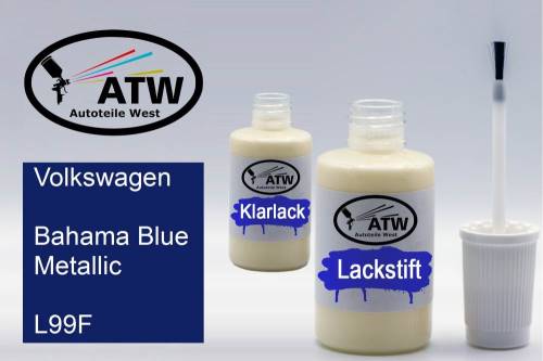 Volkswagen, Bahama Blue Metallic, L99F: 20ml Lackstift + 20ml Klarlack - Set, von ATW Autoteile West.